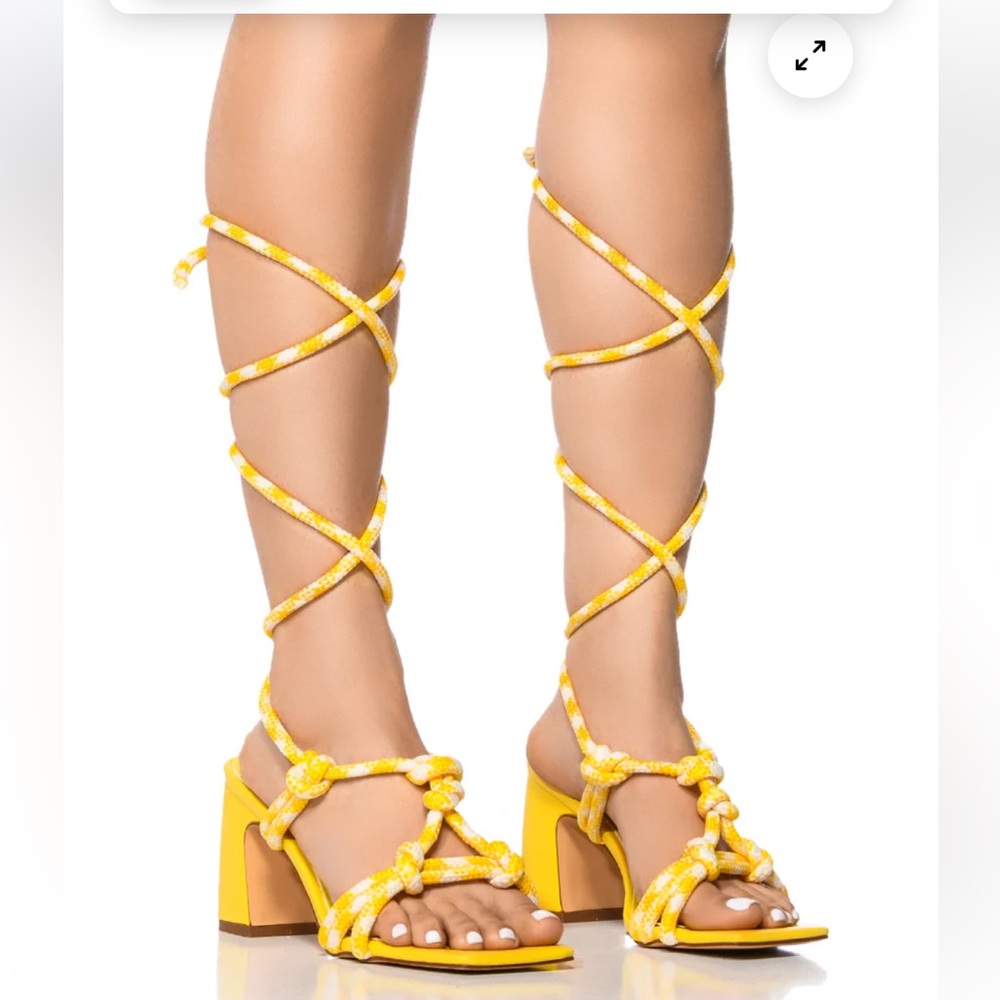 Yellow Lace-Up Knotted Block Heel Sandals